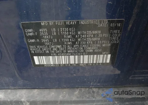 2016 Subaru Outback 2.5I Limited из США, поврежденный, VIN 4S4BSANC7G3302157